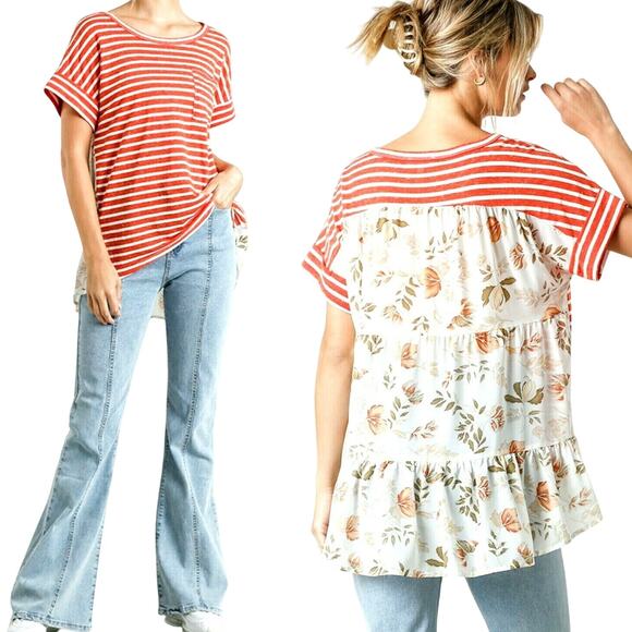 Umgee Top Size M Brick Red White Striped Floral Boho Relaxed Womens Shirt - Picture 1 of 5
